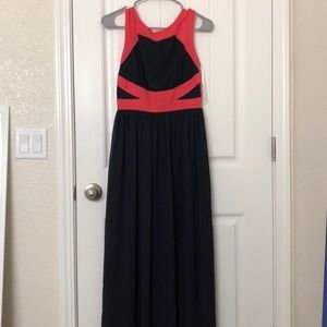 Long navy blue and pink dress